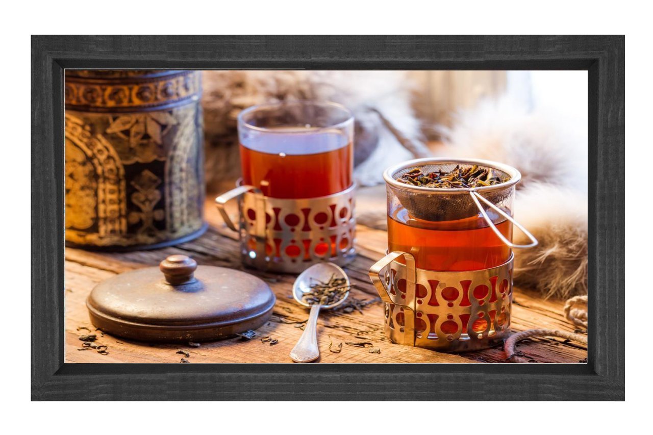 Çay Yapraklı Bardaklar Tablosu Siyah Ahşap Çerçeve - 45x30