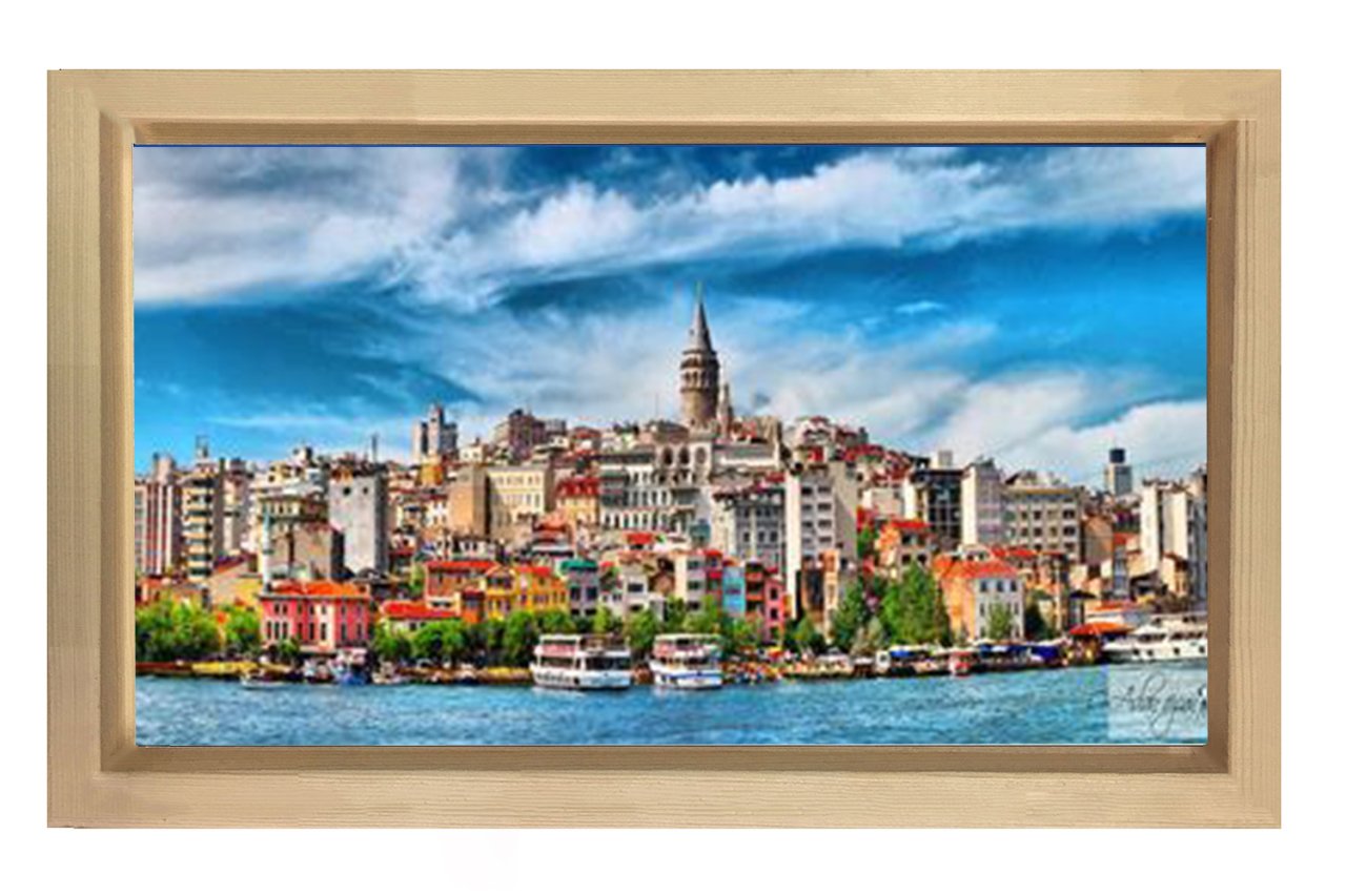 Galata Kulesi ve Evler Tablosu Naturel Ahşap - 70x100