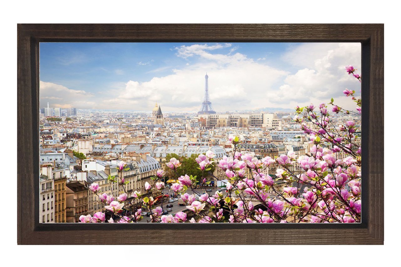 Pembe Çiçekler Ve Paris Tablosu Kahverengi Ahşap - 70x100