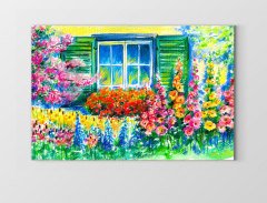 Çiçekli Pencere Tablosu Çerçevesiz - 50x90