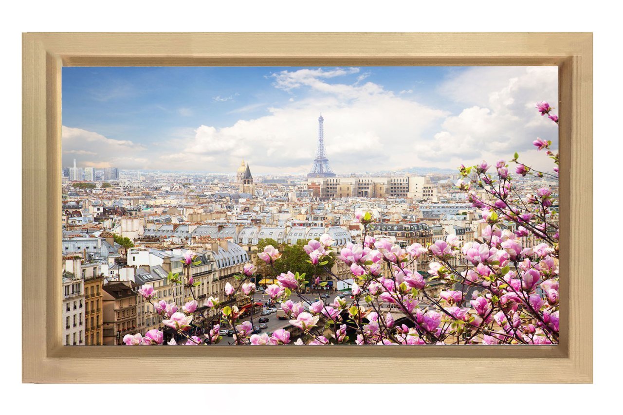 Pembe Çiçekler Ve Paris Tablosu Naturel Ahşap - 45x30