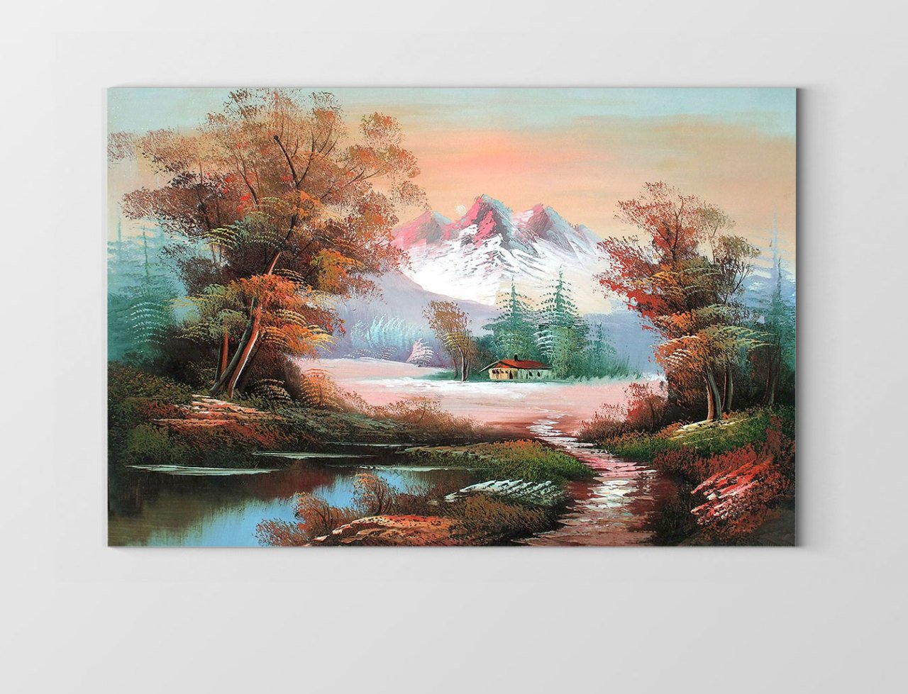 Köy Evi Ve Dağ Manzarası Tablosu Çerçevesiz - 100x200