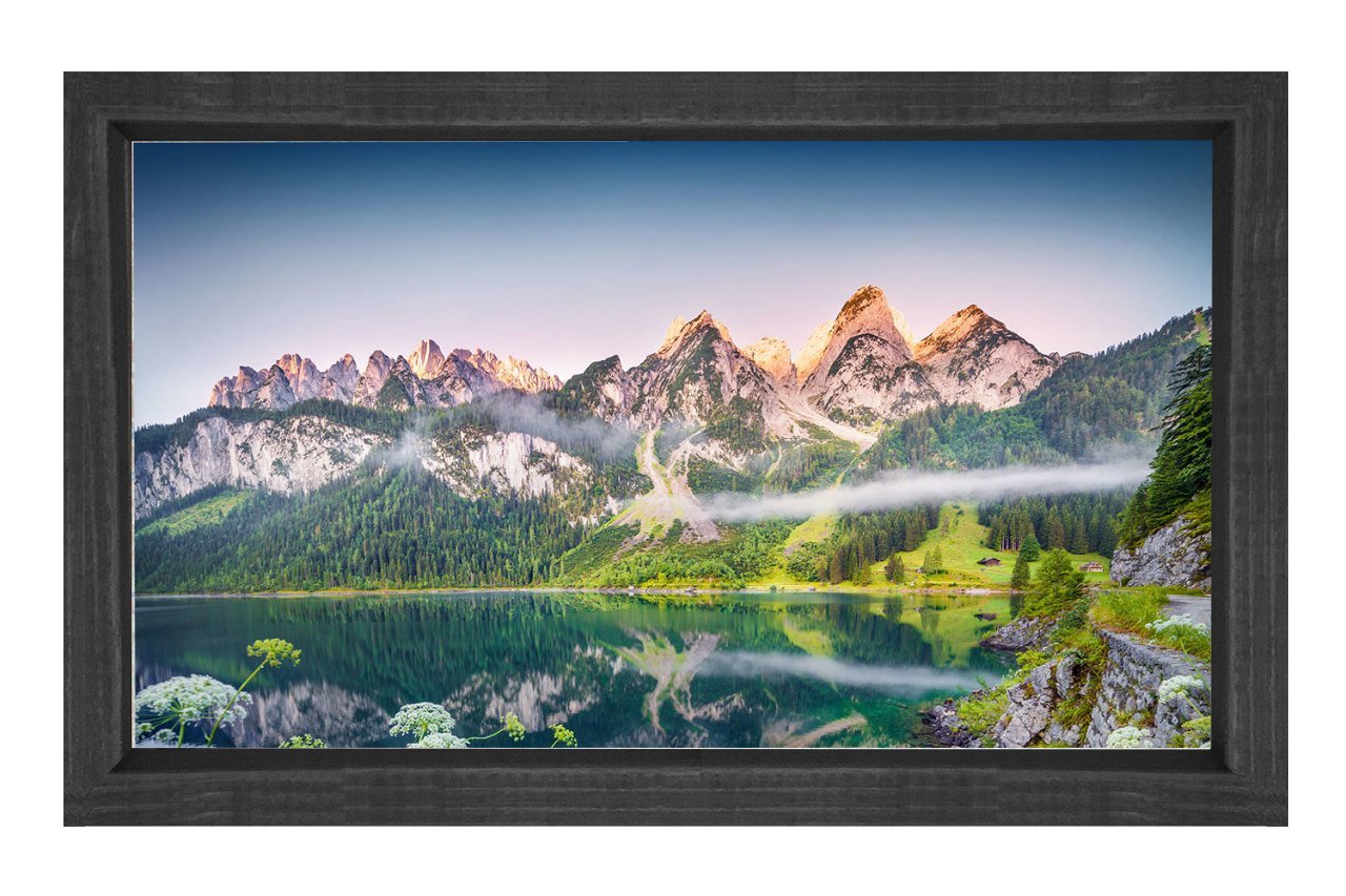 Yeşil Dağ Ve Göl Kıyısı Tablosu Siyah Ahşap Çerçeve - 100x200