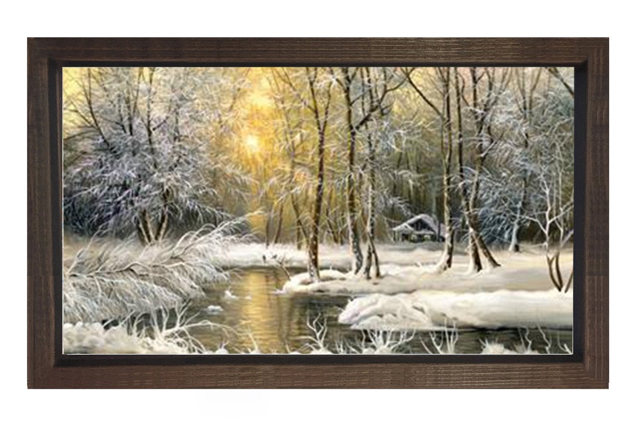 Karlı Göl Güneş Doğumu Tablosu Kahverengi Ahşap Çerçeve - 50x70