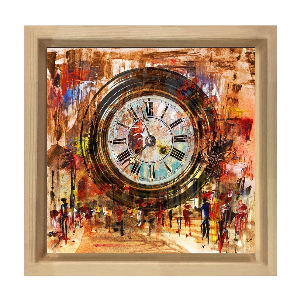 Eski Saat Tablosu Naturel Ahşap Çerçeve - 90x90