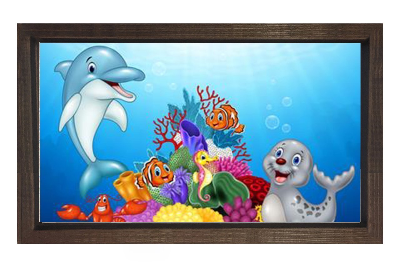 Sevimli Sualtı Hayvanları Tablosu Kahverengi Ahşap Çerçeve - 100x150
