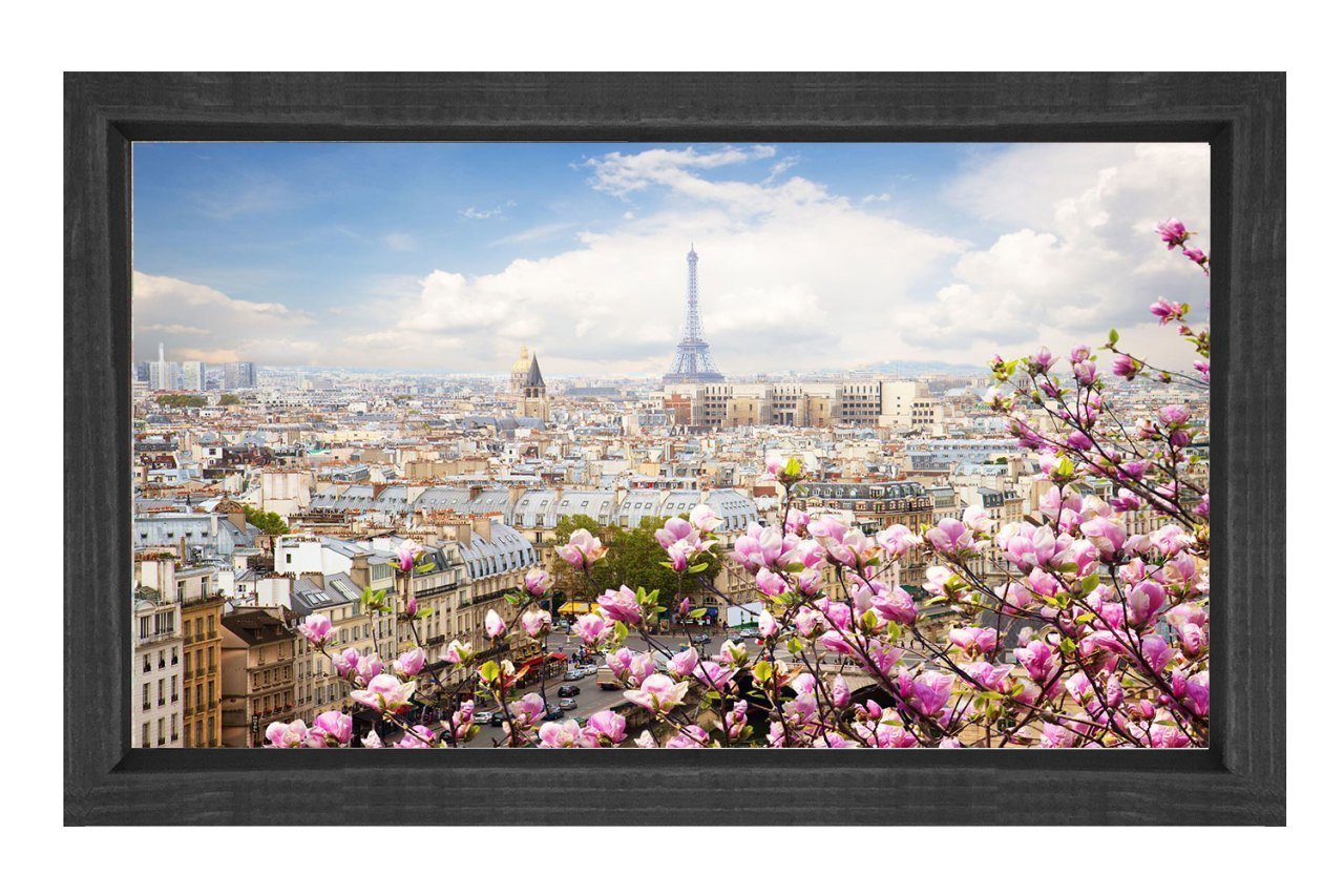 Pembe Çiçekler Ve Paris Tablosu Siyah Ahşap - 50x70