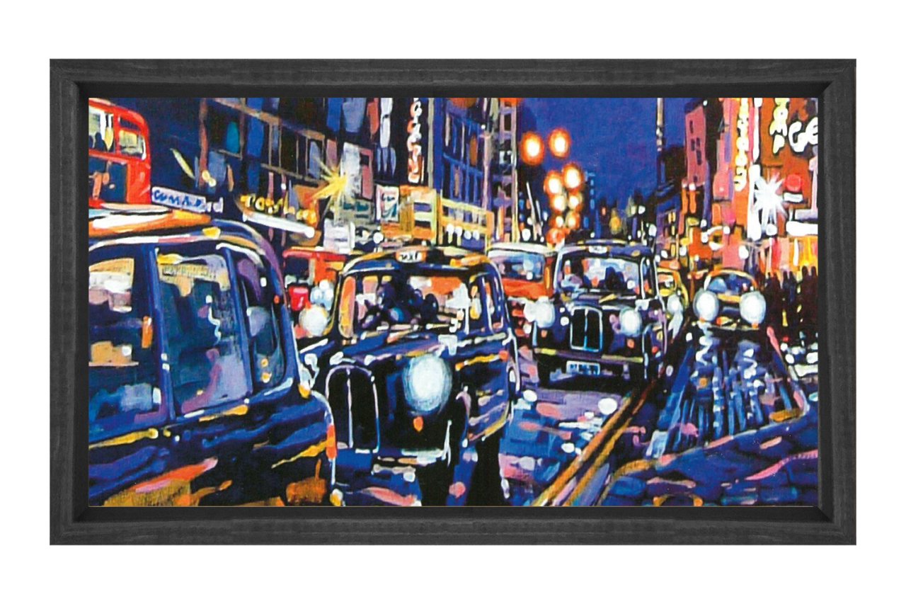 Vintage Şehir Taxiler Tablosu Siyah Ahşap - 50x70