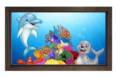 Sevimli Sualtı Hayvanları Tablosu Kahverengi Ahşap Çerçeve - 70x100