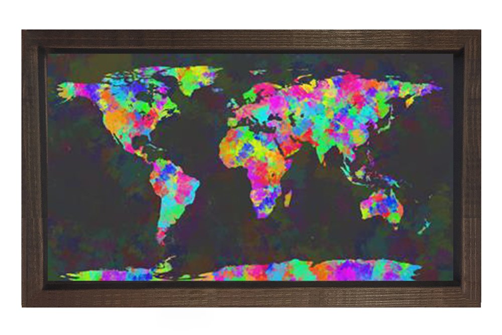 Renkli Dünya Haritası Tablosu Kahverengi Ahşap Çerçeve - 40x60