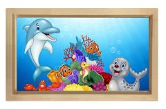 Sevimli Sualtı Hayvanları Tablosu Naturel Ahşap Çerçeve - 40x60