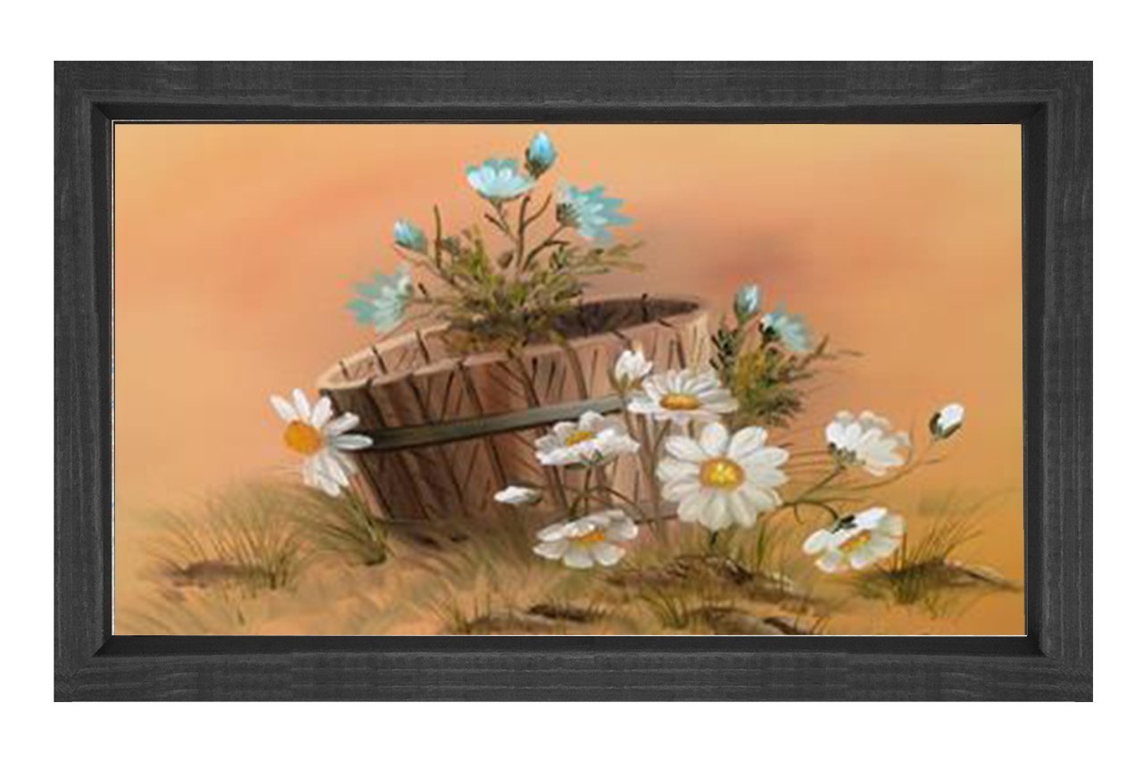 Saksı ve Papatyalar Tablosu Siyah Ahşap - 50x90