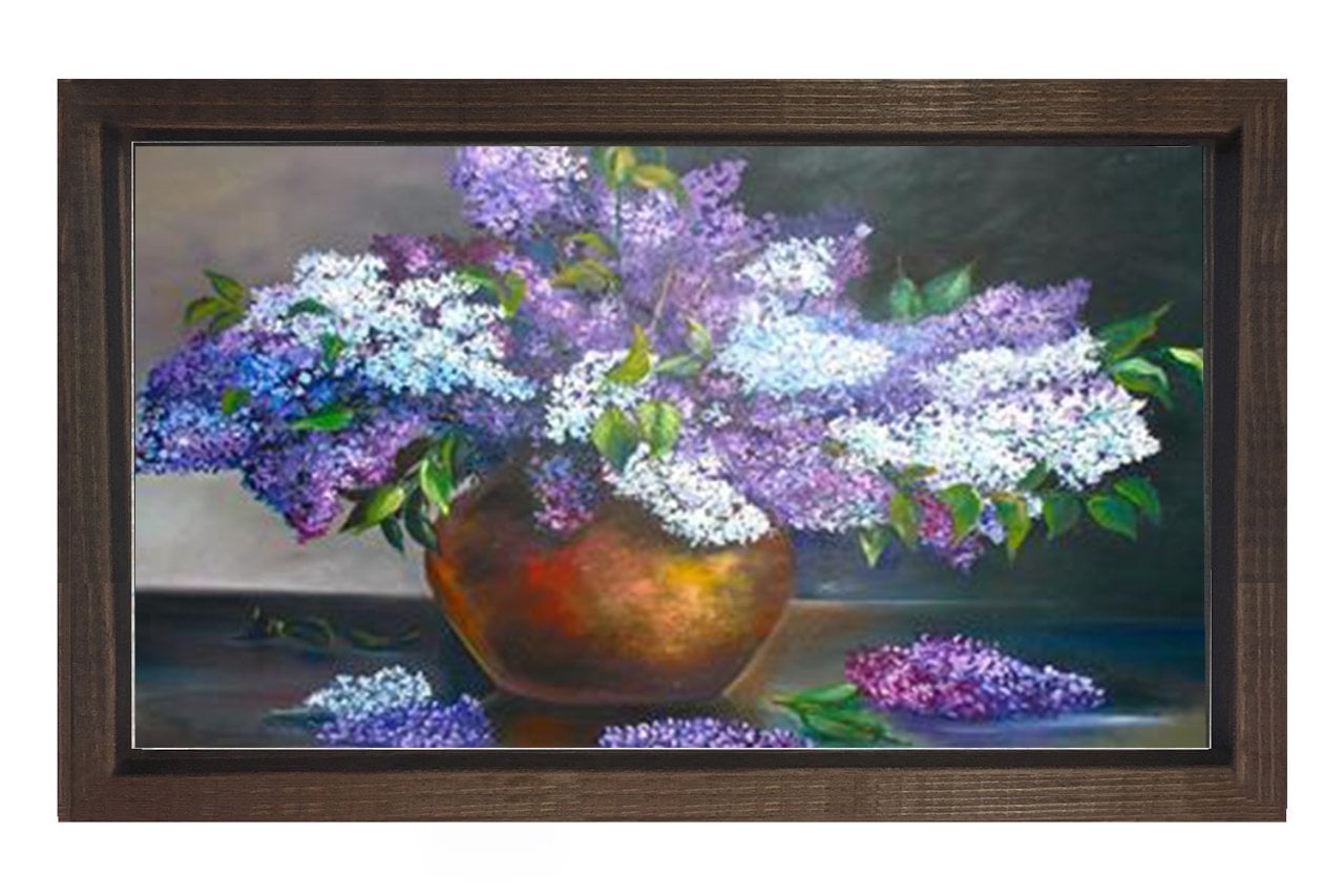 Mor Çiçekler Tablosu Kahverengi Ahşap - 100x150