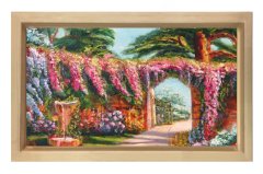 Pembe Çiçekli Kapı Yolu Tablosu Naturel Ahşap - 50x70
