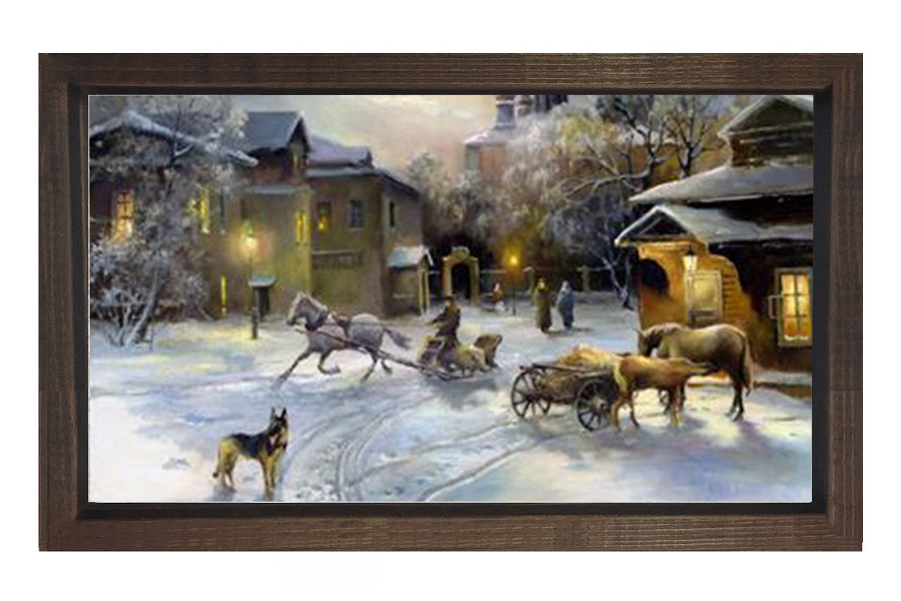Vintage Karlı Şehir Manzarası Tablosu Kahverengi Ahşap - 45x30