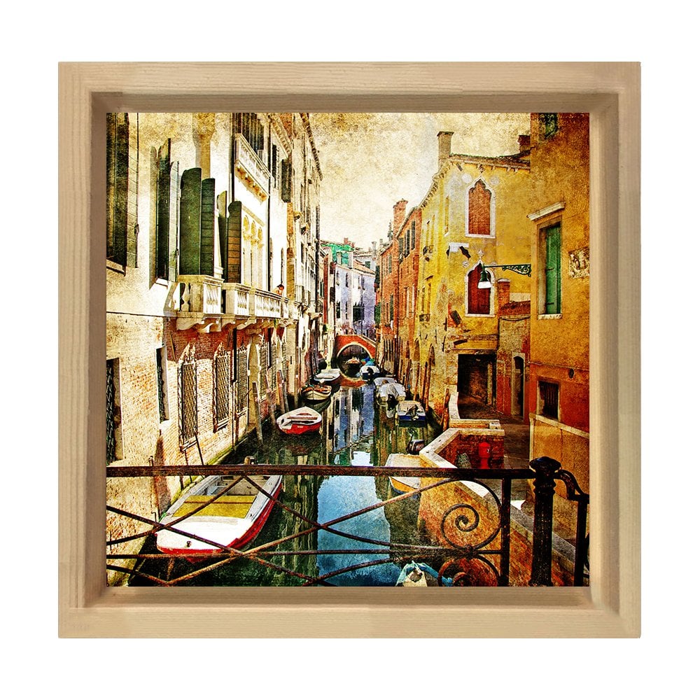 Venedik ve Gondollar Tablosu Naturel Ahşap Çerçeve - 60x60