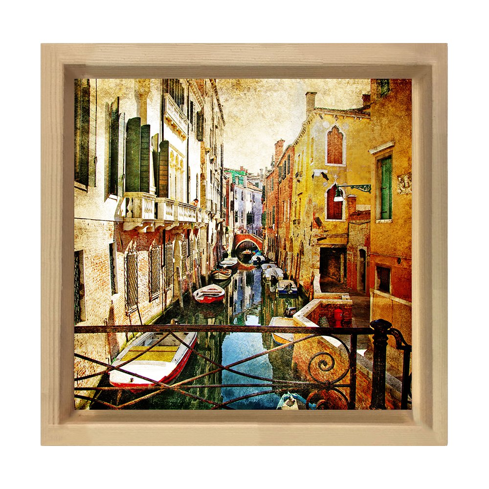 Venedik ve Gondollar Tablosu Naturel Ahşap Çerçeve - 80x80