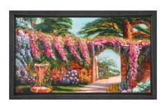 Pembe Çiçekli Kapı Yolu Tablosu Siyah Ahşap - 45x30
