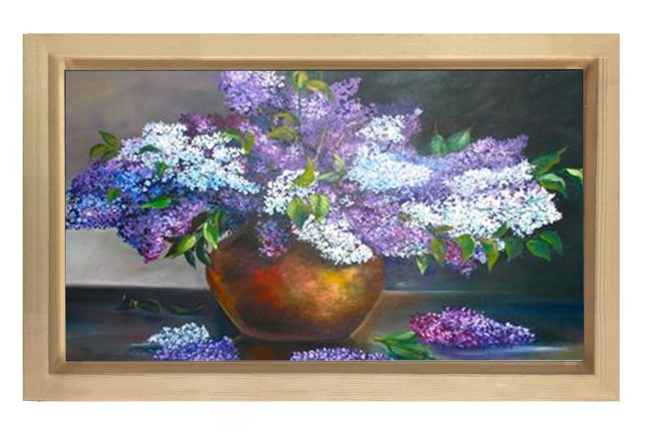Mor Çiçekler Tablosu Naturel Ahşap - 45x30