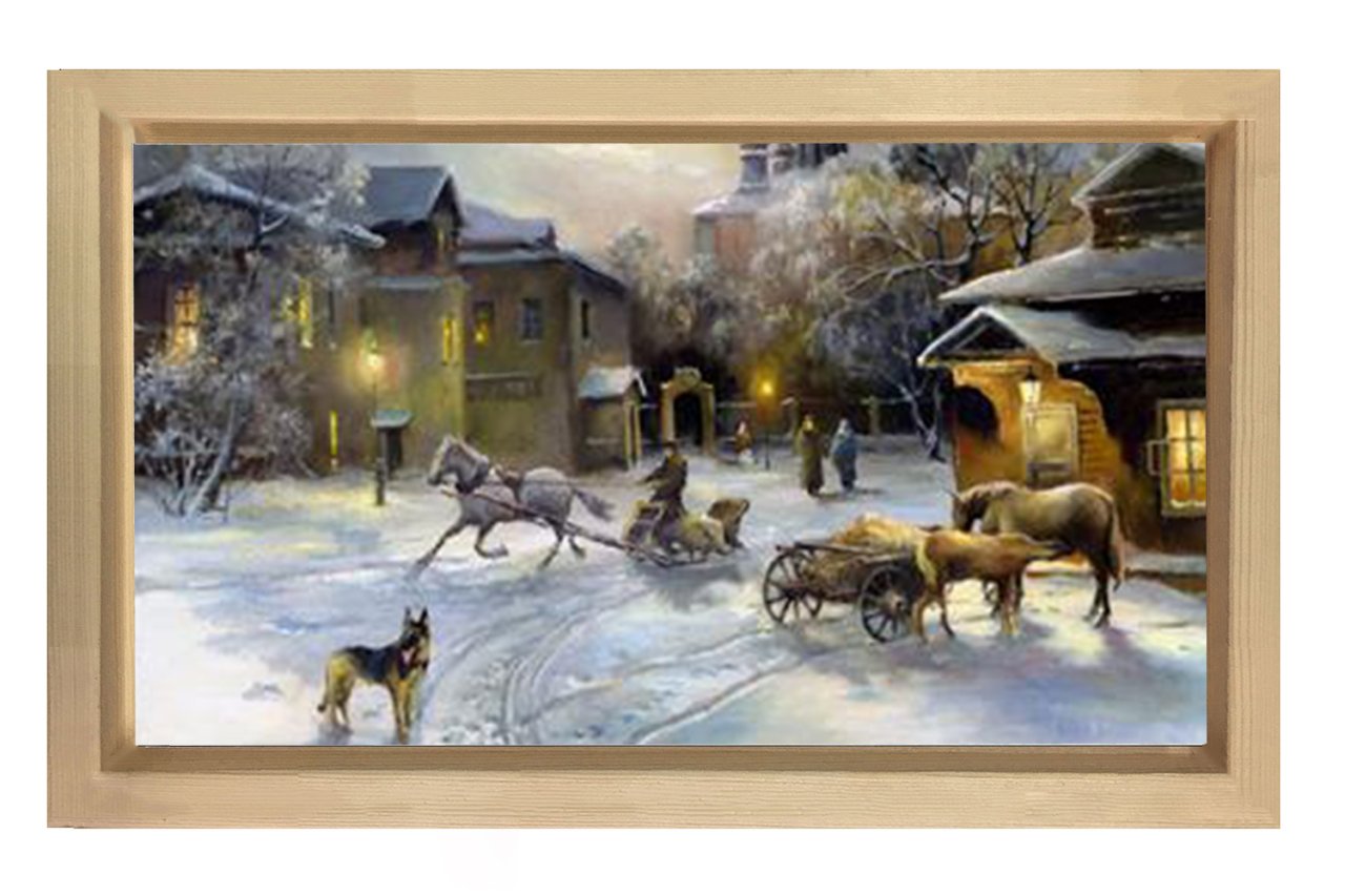 Vintage Karlı Şehir Manzarası Tablosu Naturel Ahşap - 45x30