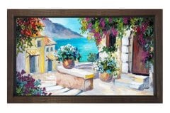 Çiçekli Evler Deniz Manzarası Tablosu