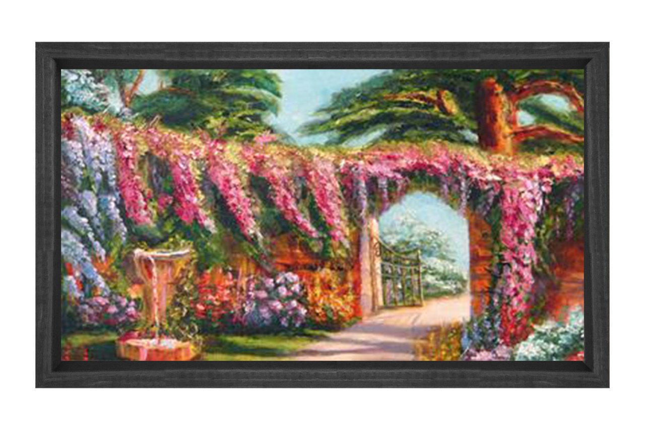 Pembe Çiçekli Kapı Yolu Tablosu Siyah Ahşap - 70x100