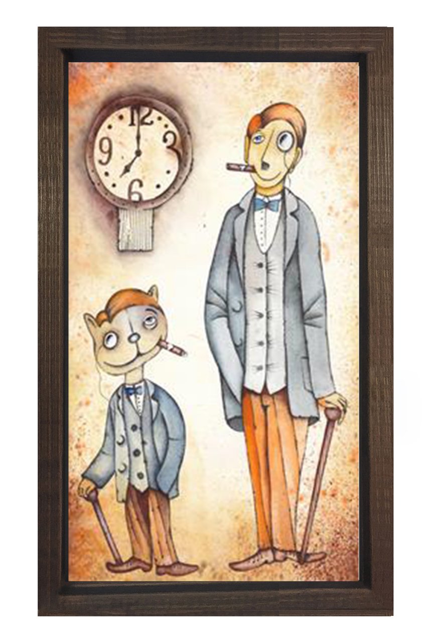 Kedi Ve Adam Tablosu Kahverengi Ahşap Çerçeve - 100x150
