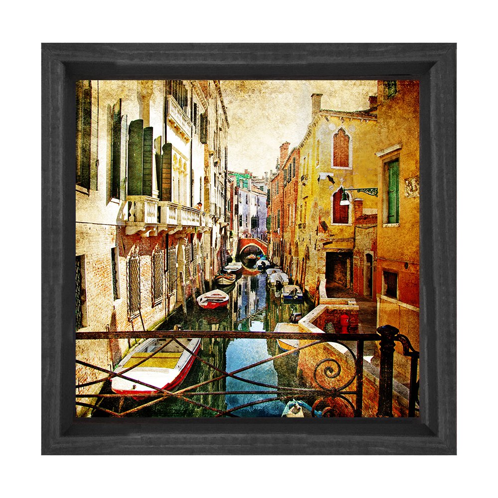 Venedik ve Gondollar Tablosu Siyah Ahşap Çerçeve - 30x30