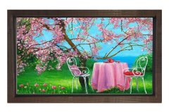 Pembe Çiçekli Ağaçlar Ve Masa Tablosu Kahverengi Ahşap - 100x150