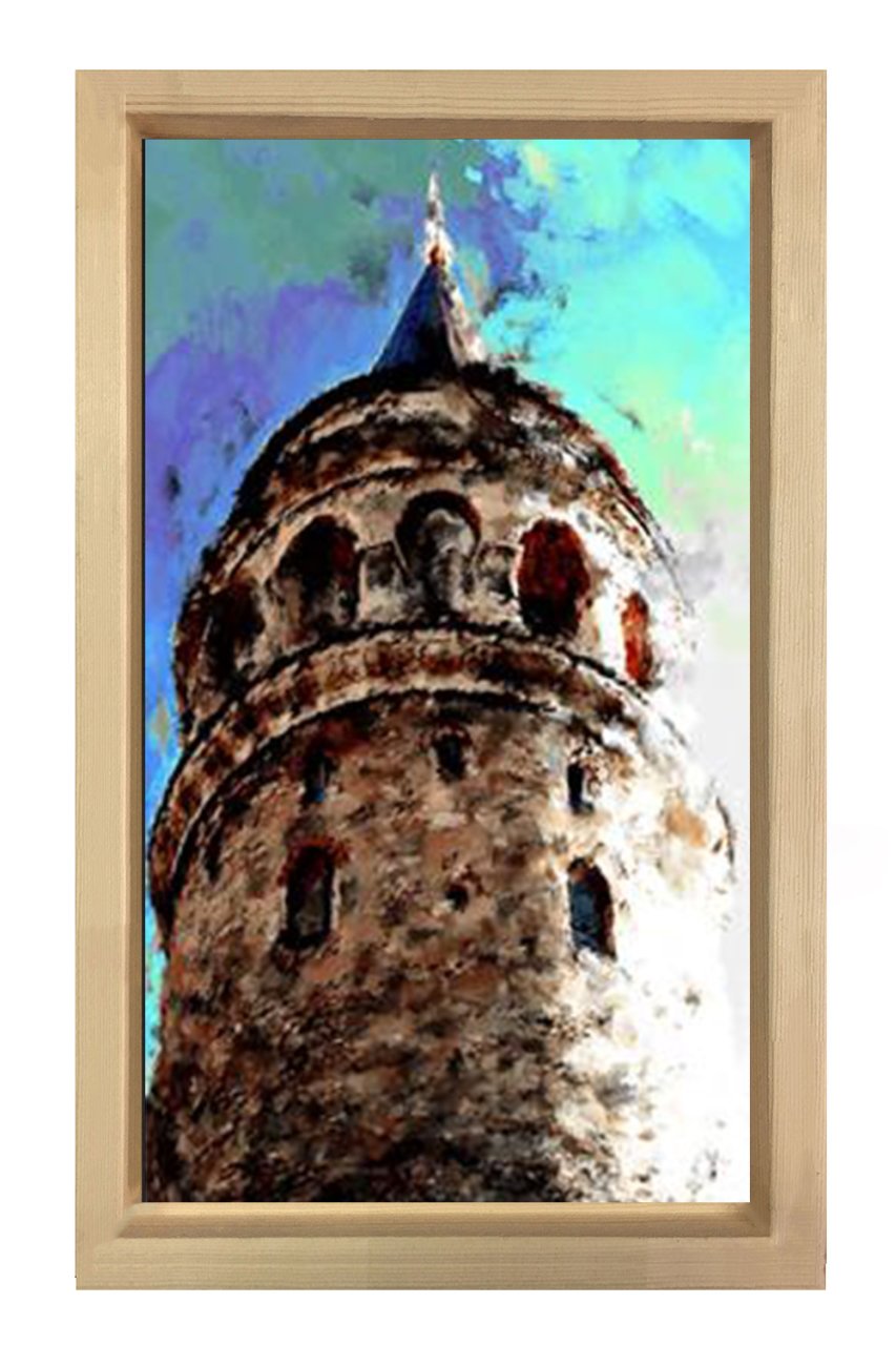 Galata Kulesi Yağlıboya Tablosu Naturel Ahşap Çerçeve - 50x90