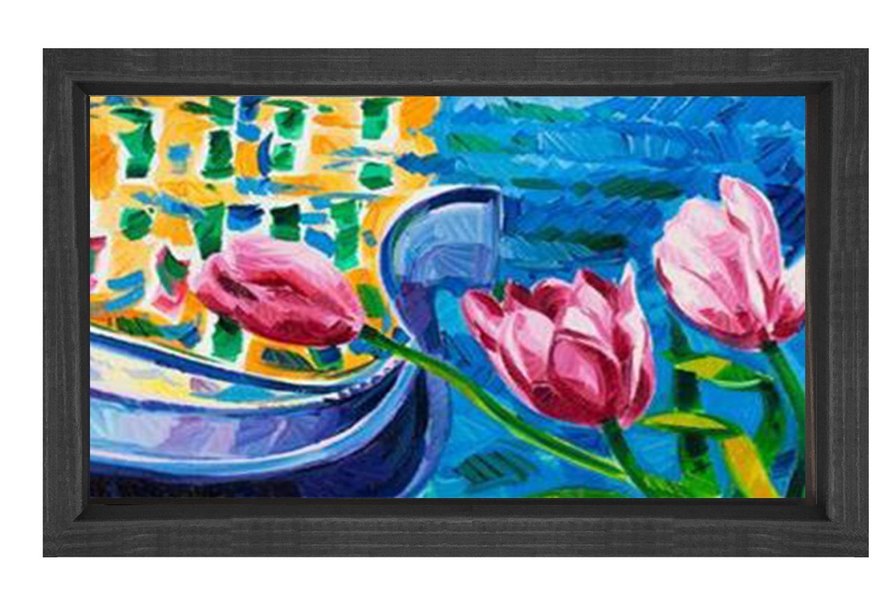 Gül Ve Kayık Tablosu Siyah Ahşap - 50x70
