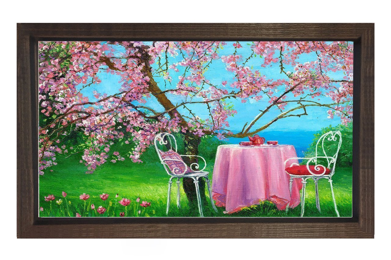 Pembe Çiçekli Ağaçlar Ve Masa Tablosu Kahverengi Ahşap - 50x70