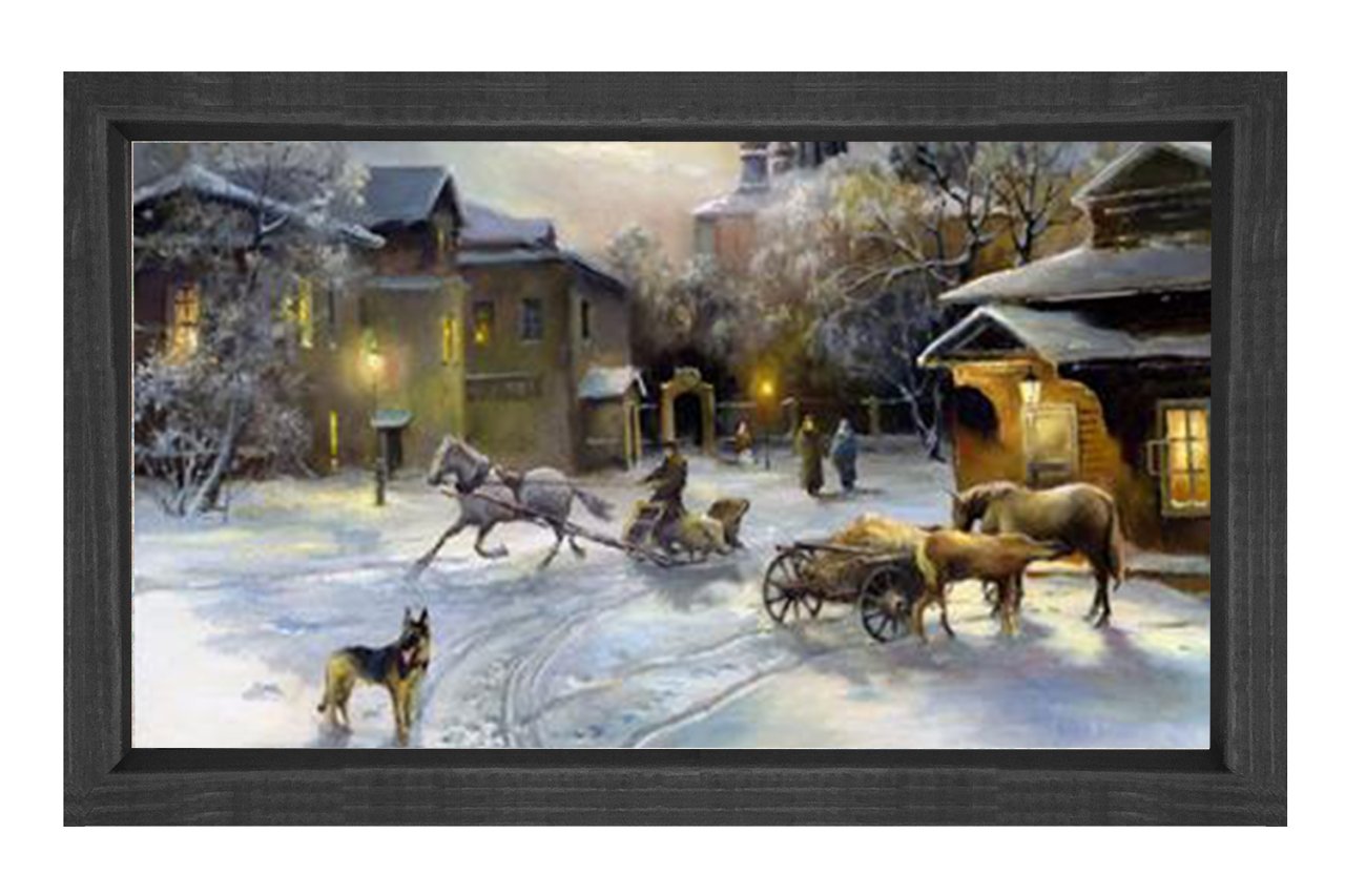 Vintage Karlı Şehir Manzarası Tablosu Siyah Ahşap - 50x70