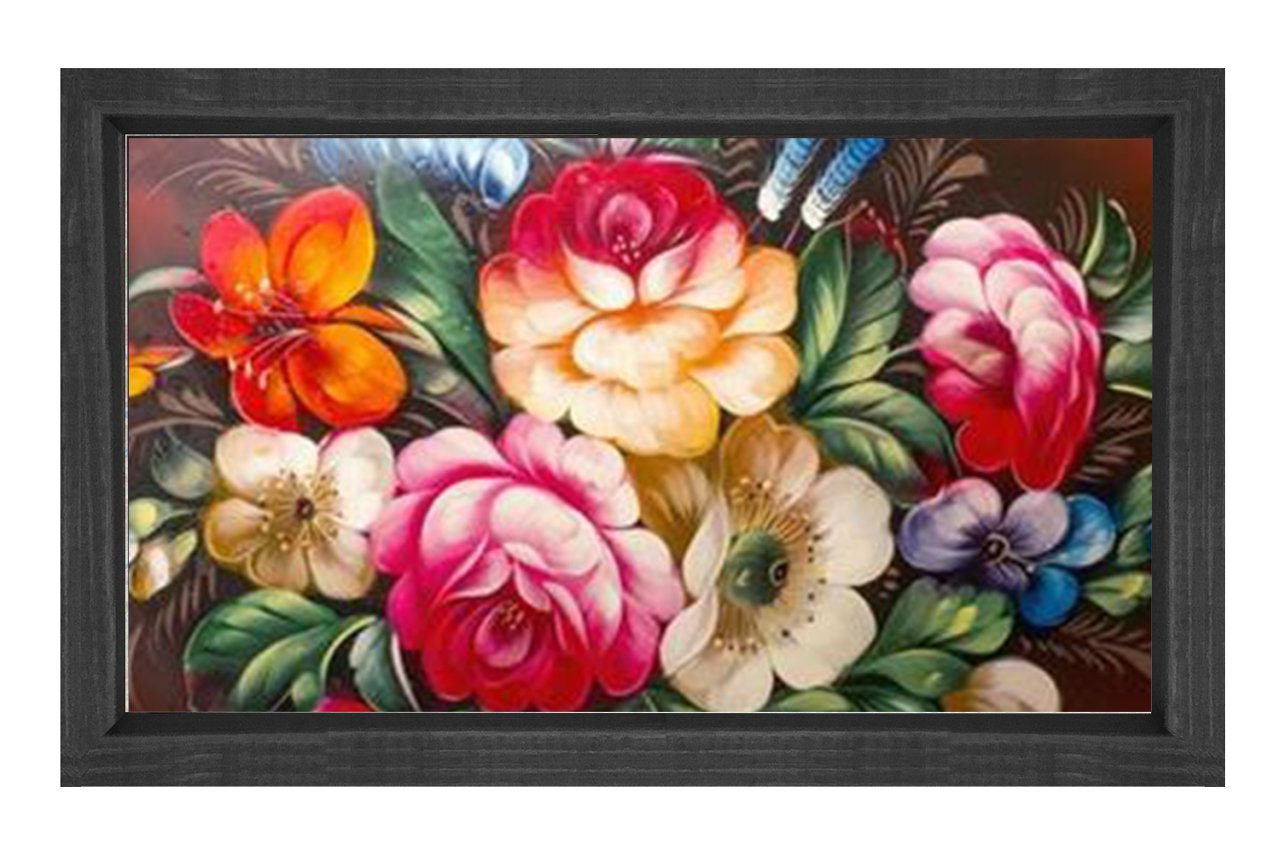 Gül Çiçekleri Tablosu Siyah Ahşap - 70x100