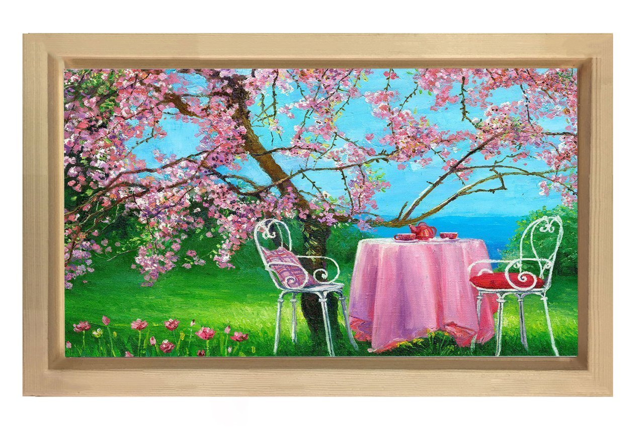 Pembe Çiçekli Ağaçlar Ve Masa Tablosu Naturel Ahşap - 100x150