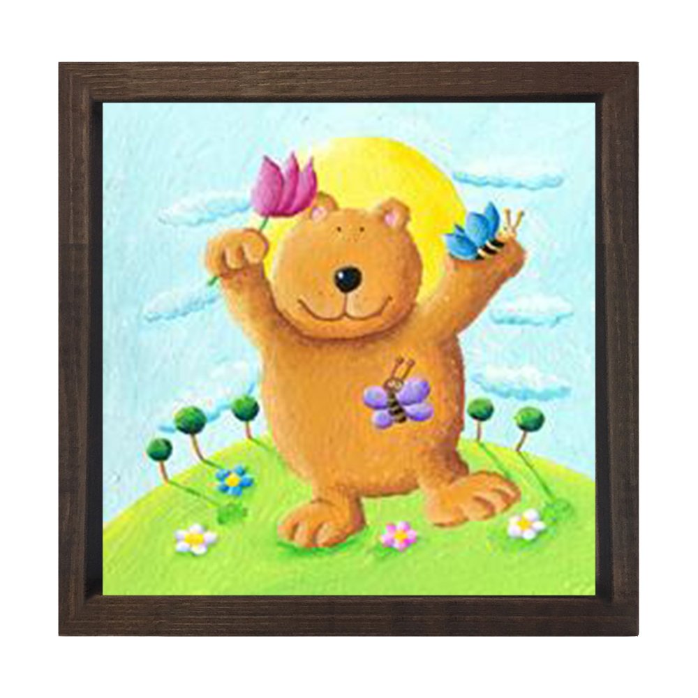 Tatlı Ve Çiçekli Ayı Tablosu Kahverengi Ahşap Çerçeve - 60x60