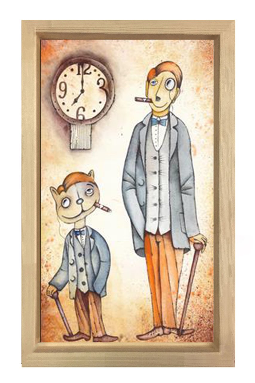 Kedi Ve Adam Tablosu Naturel Ahşap Çerçeve - 50x90