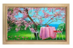 Pembe Çiçekli Ağaçlar Ve Masa Tablosu Naturel Ahşap - 70x100
