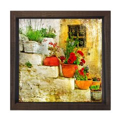Köy Merdiveni ve Çiçekler Tablosu Kahverengi Ahşap Çerçeve - 100x100