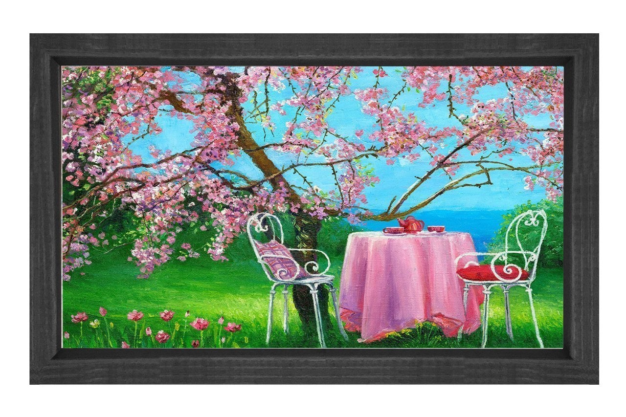 Pembe Çiçekli Ağaçlar Ve Masa Tablosu Siyah Ahşap - 100x150