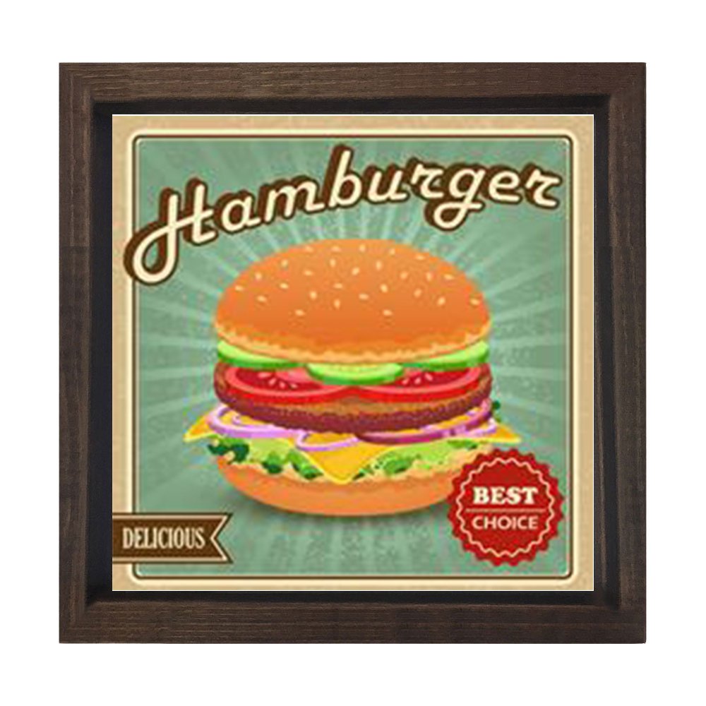 Hamburgerler Reklam Afişi Tablosu Kahverengi Ahşap Çerçeve - 70x70