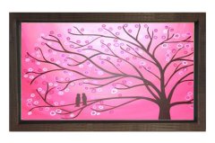 Pembe Soyut Ağaç Tablosu Kahverengi Ahşap Çerçeve - 40x60