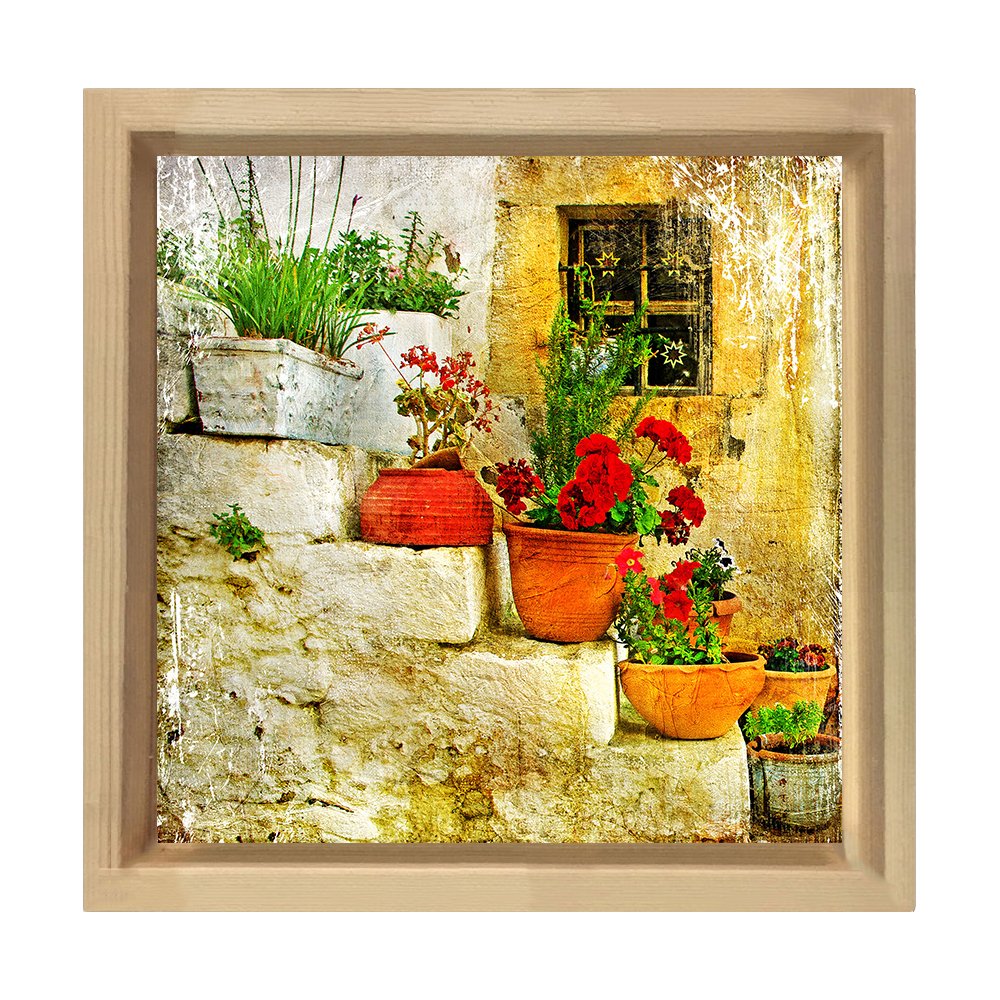 Köy Merdiveni ve Çiçekler Tablosu Naturel Ahşap Çerçeve - 40x40