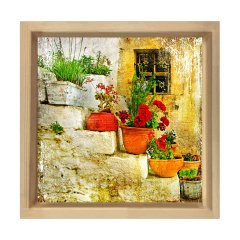 Köy Merdiveni ve Çiçekler Tablosu Naturel Ahşap Çerçeve - 50x50