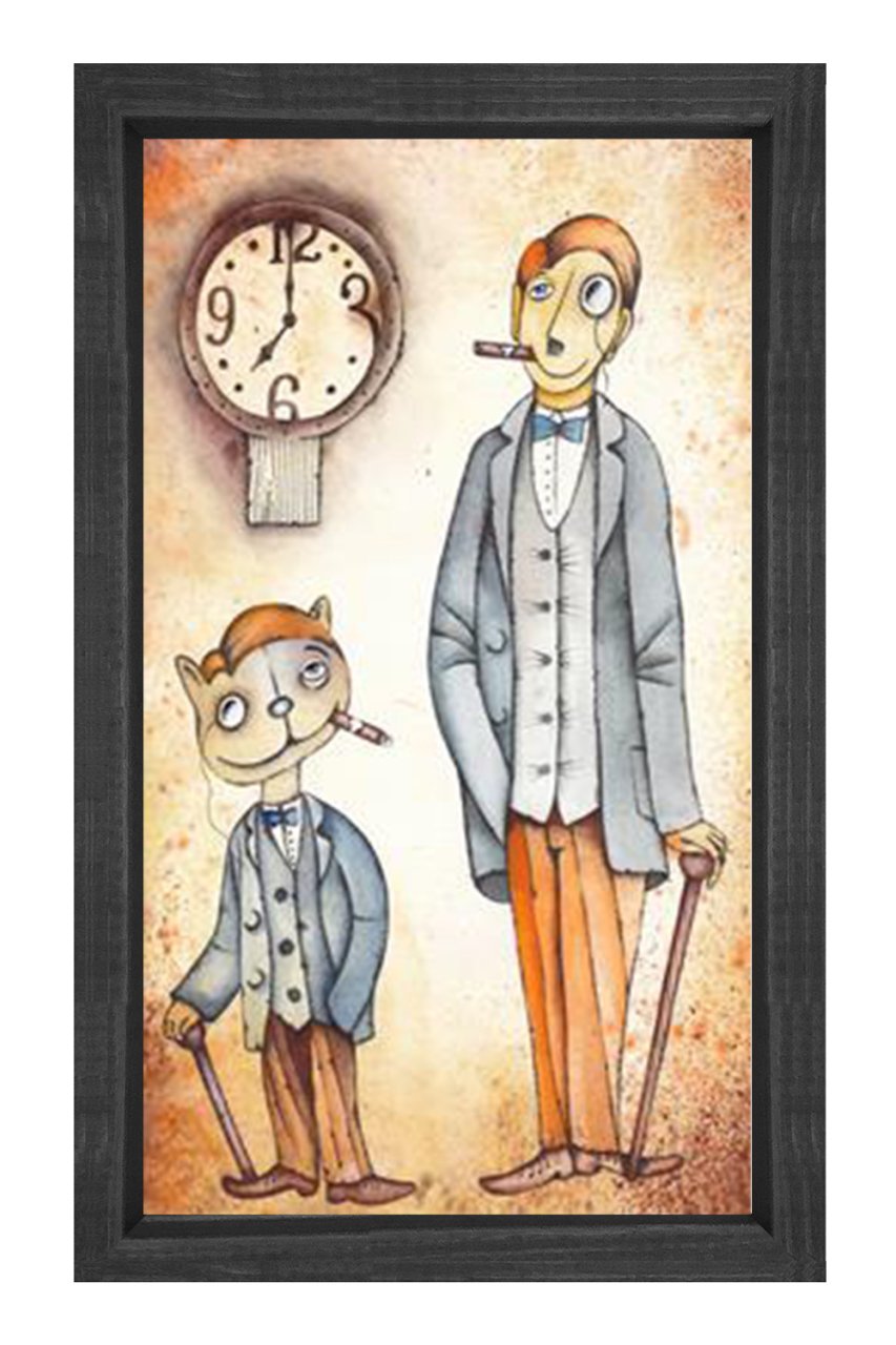 Kedi Ve Adam Tablosu Siyah Ahşap Çerçeve - 50x90