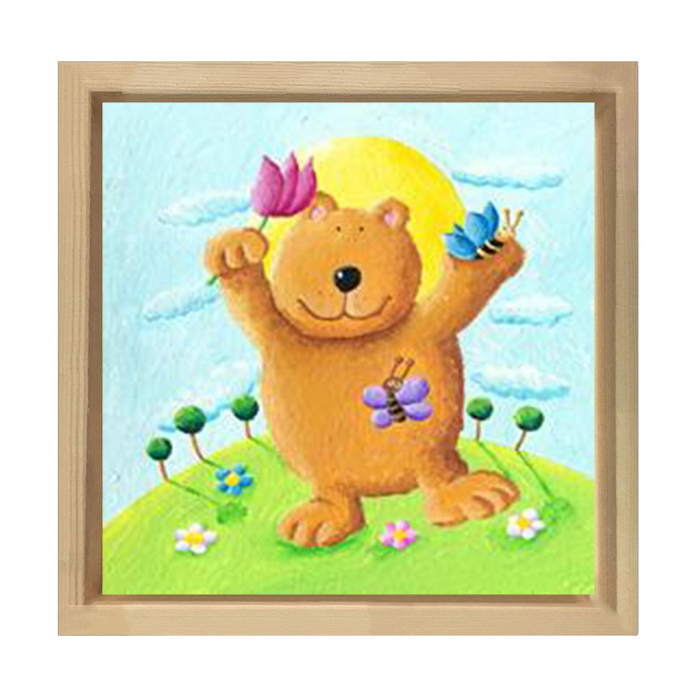 Tatlı Ve Çiçekli Ayı Tablosu Naturel Ahşap Çerçeve - 90x90