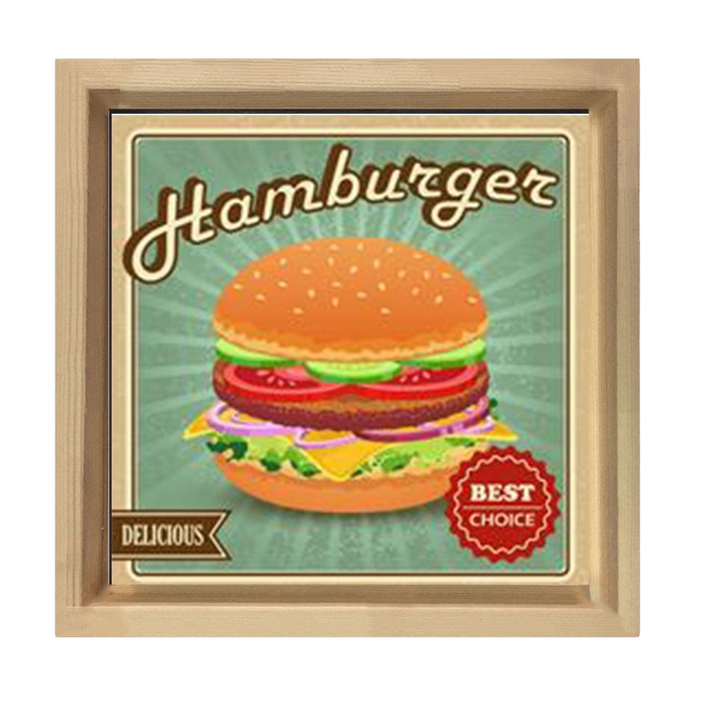 Hamburgerler Reklam Afişi Tablosu Naturel Ahşap Çerçeve - 30x30