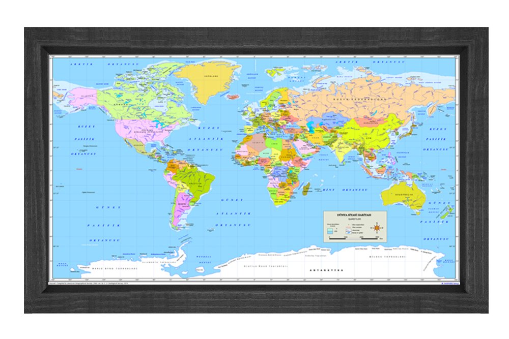 Dünya Haritası Tablosu Siyah Ahşap - 50x90