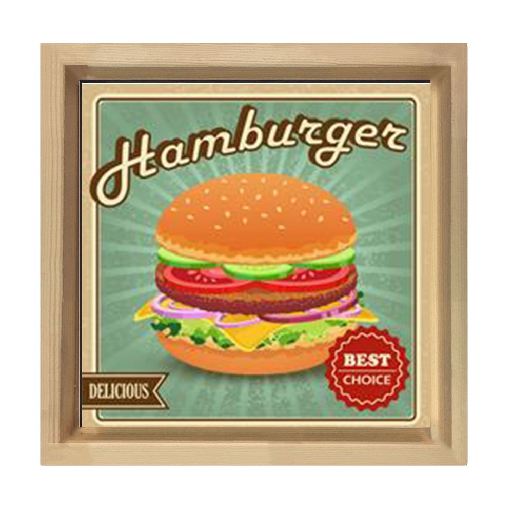 Hamburgerler Reklam Afişi Tablosu Naturel Ahşap Çerçeve - 60x60