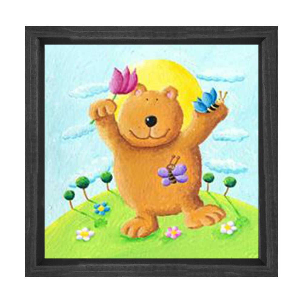 Tatlı Ve Çiçekli Ayı Tablosu Siyah Ahşap Çerçeve - 50x50